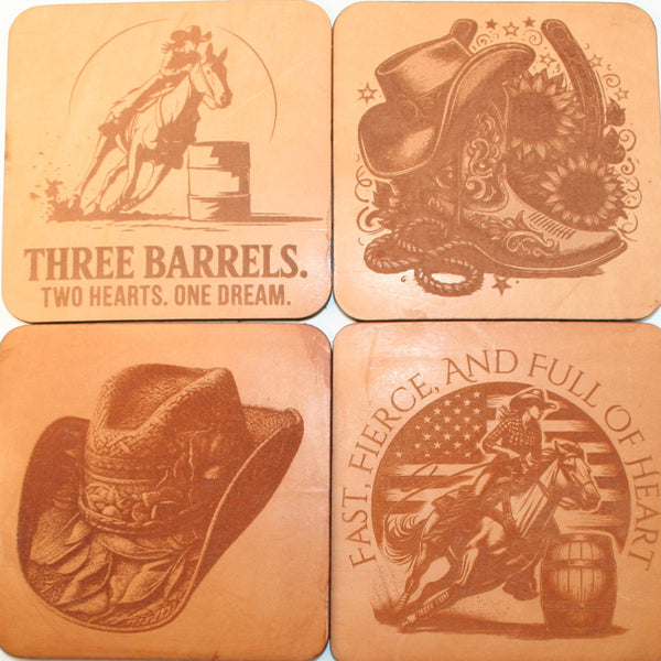 Leather Coaster Set barrel racing 1 (set of 4 with holder)