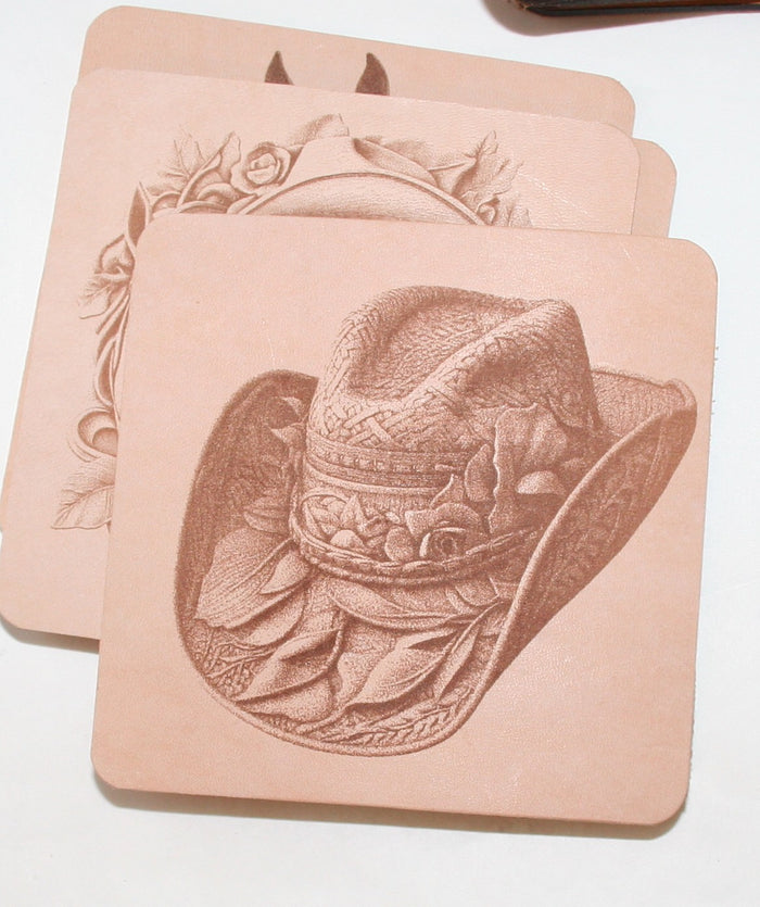 Leather Western rustic Coaster Set of 4 Laser Engraved