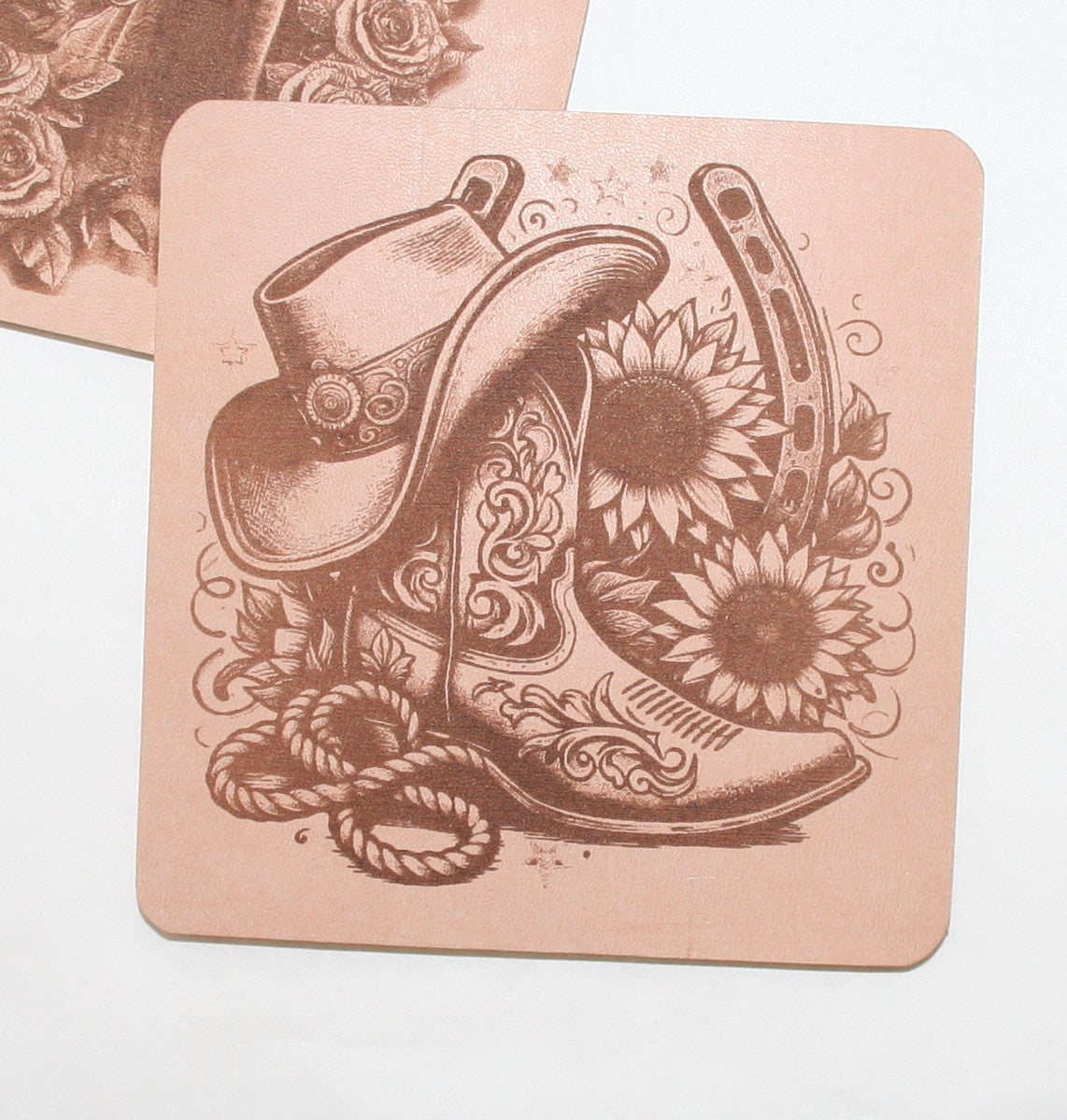 Leather Western rustic Coaster Set of 4 Laser Engraved