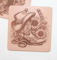 Leather Western rustic Coaster Set of 4 Laser Engraved