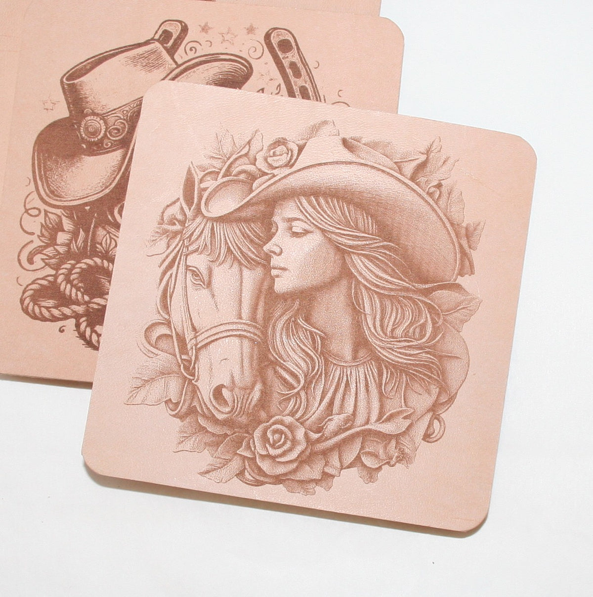 Leather Western rustic Coaster Set of 4 Laser Engraved