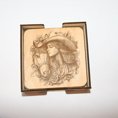 Cowgirl Coaster Set wood laser engraved (set of 4 with holder)