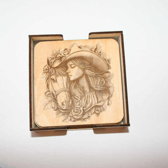 Cowgirl Coaster Set wood laser engraved (set of 4 with holder)
