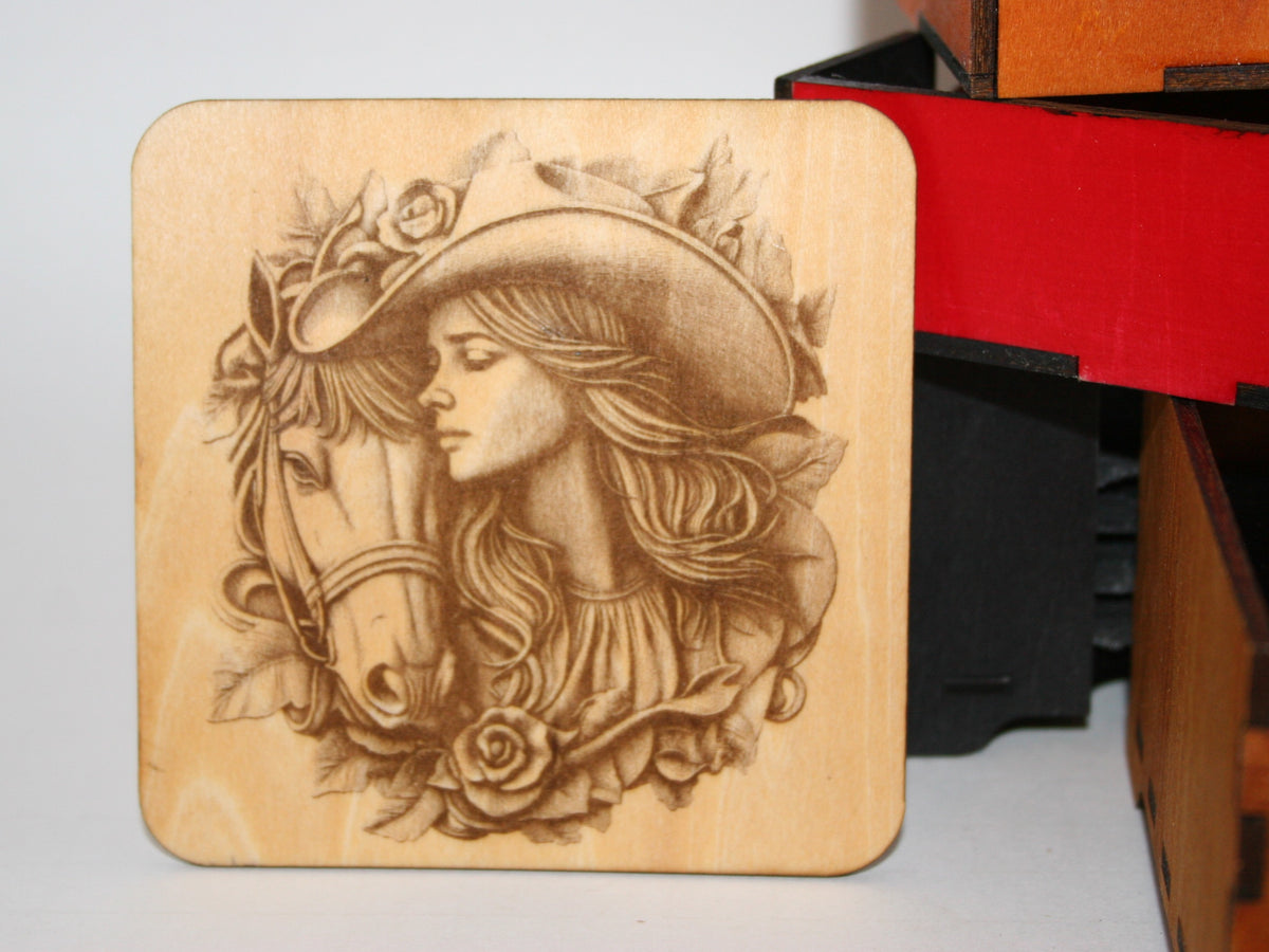 Cowgirl Coaster Set wood laser engraved (set of 4 with holder)
