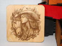 Cowgirl Coaster Set wood laser engraved (set of 4 with holder)