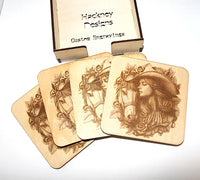 Cowgirl Coaster Set wood laser engraved (set of 4 with holder)