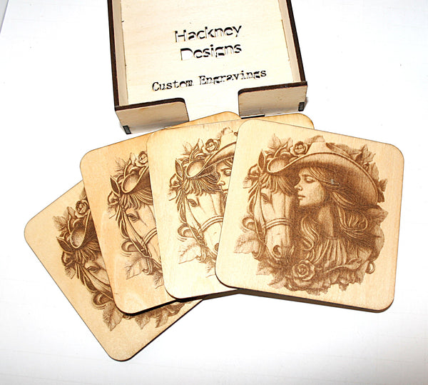 Cowgirl Coaster Set wood laser engraved (set of 4 with holder)