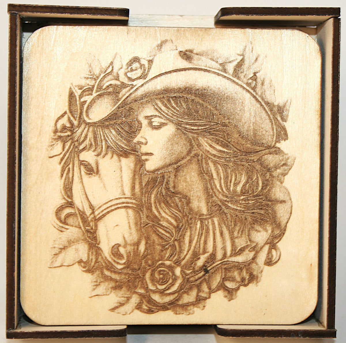 Cowgirl Coaster Set wood laser engraved (set of 4 with holder)