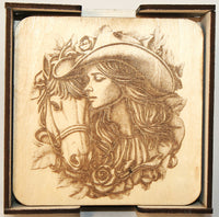 Cowgirl Coaster Set wood laser engraved (set of 4 with holder)