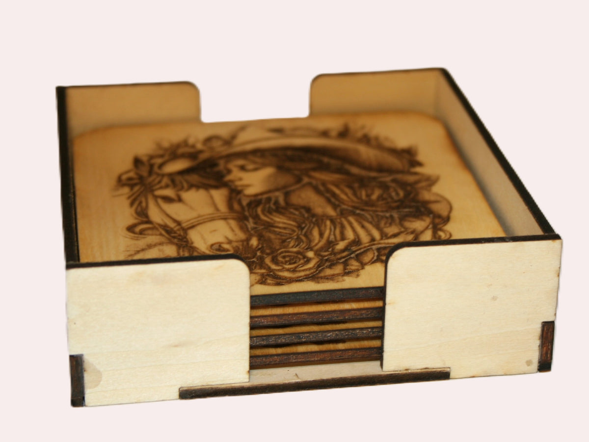 Cowgirl Coaster Set wood laser engraved (set of 4 with holder)