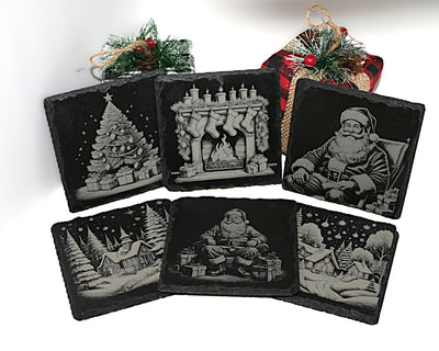 Christmas Slate Coaster Set (6) Laser Engraved