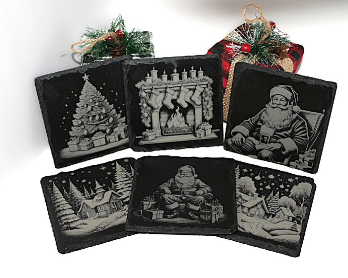 Christmas Slate Coaster Set (6) Laser Engraved