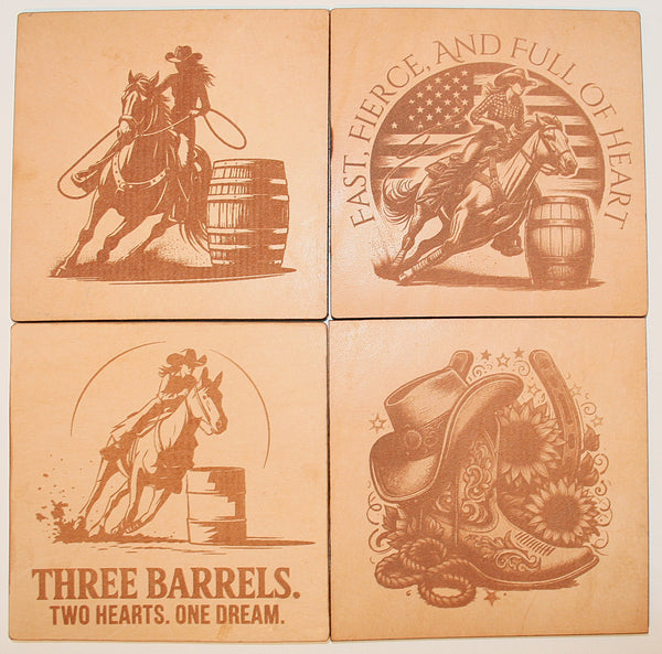 Leather barrel racing Coaster Set  2(set of 4 with holder)