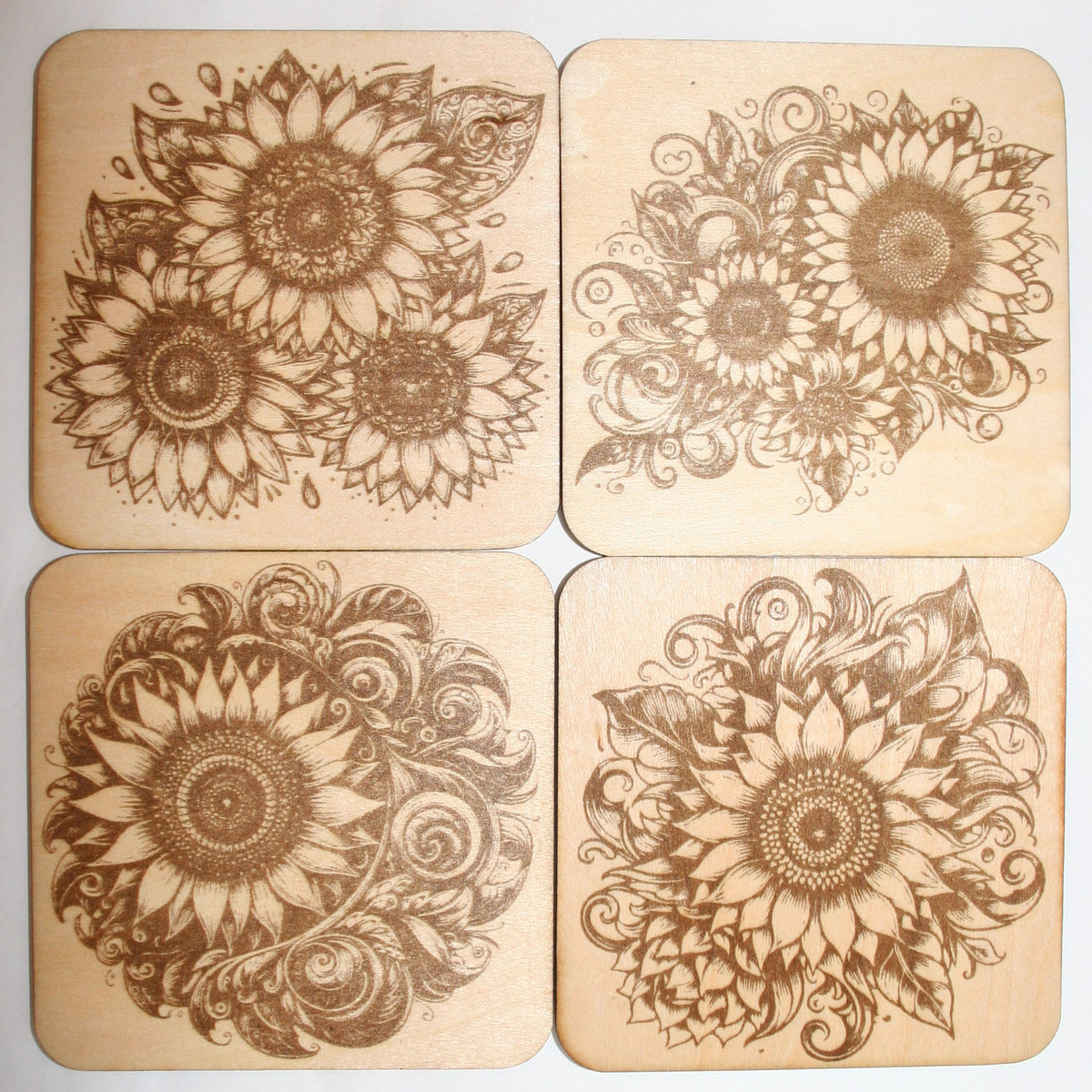 Sunflower Coaster Set 1 laser engraved on wood (set of 4 with holder)