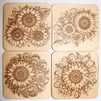 Sunflower Coaster Set 1 laser engraved on wood (set of 4 with holder)