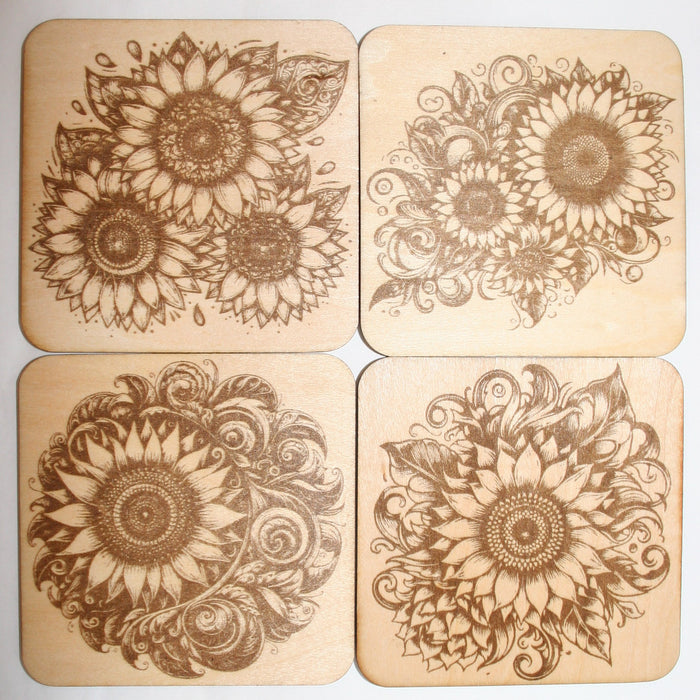 Sunflower Coaster Set 1 laser engraved on wood (set of 4 with holder)