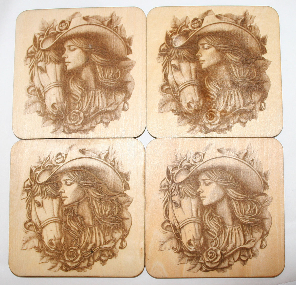 Cowgirl Coaster Set wood laser engraved (set of 4 with holder)