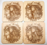 Cowgirl Coaster Set wood laser engraved (set of 4 with holder)