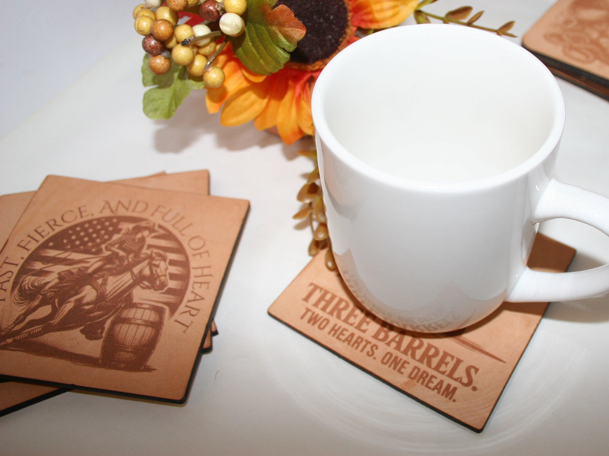 Leather barrel racing Coaster Set  2(set of 4 with holder)