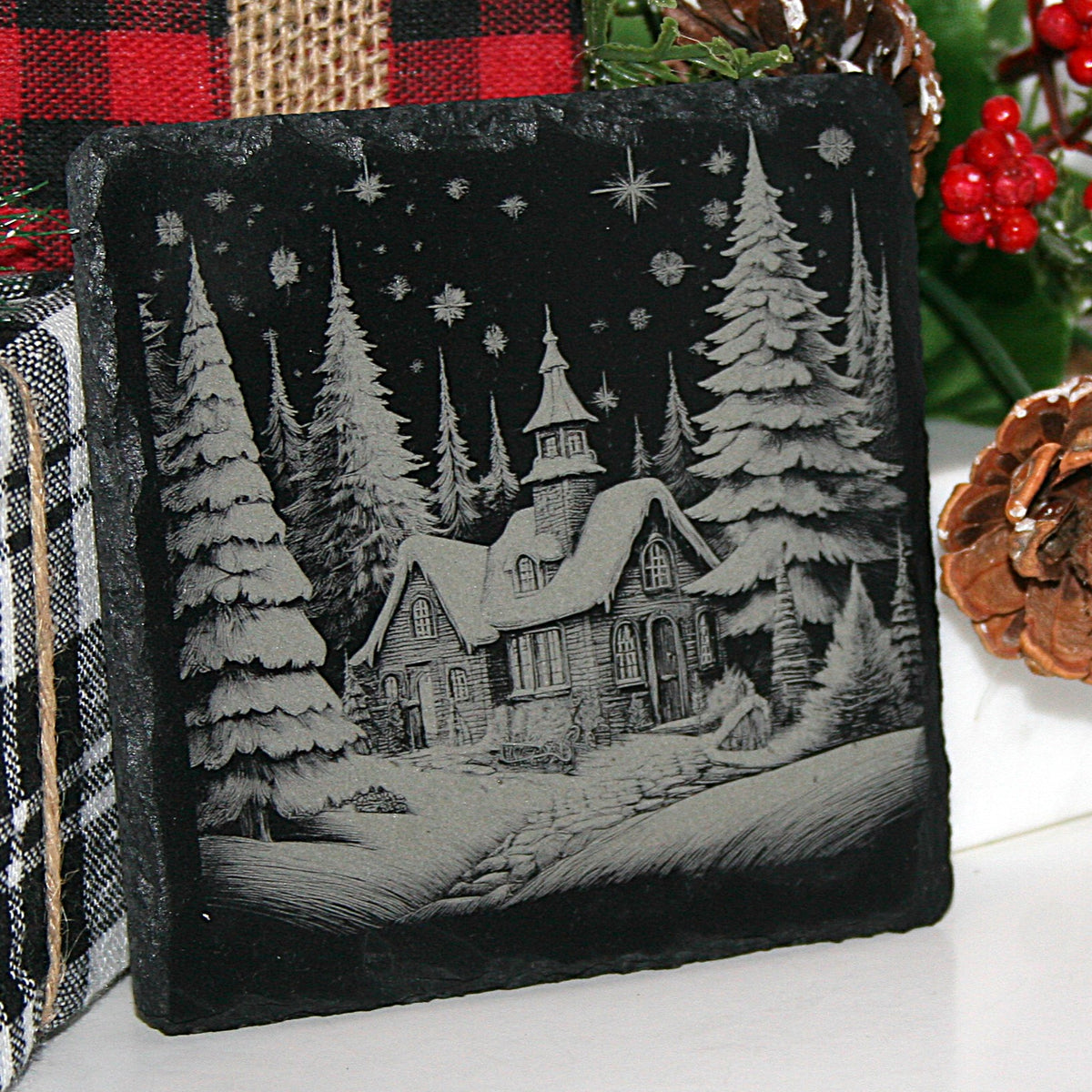 Christmas Slate Coaster Set (6) Laser Engraved