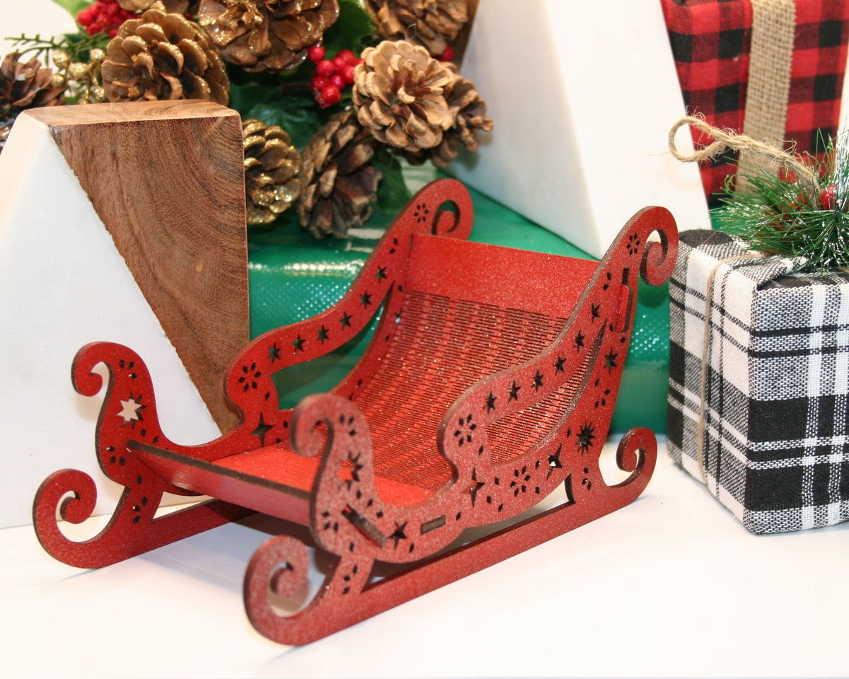 Santa sleigh Christmas ornament, brown wood, laser cut basswood Table Top or Mantle