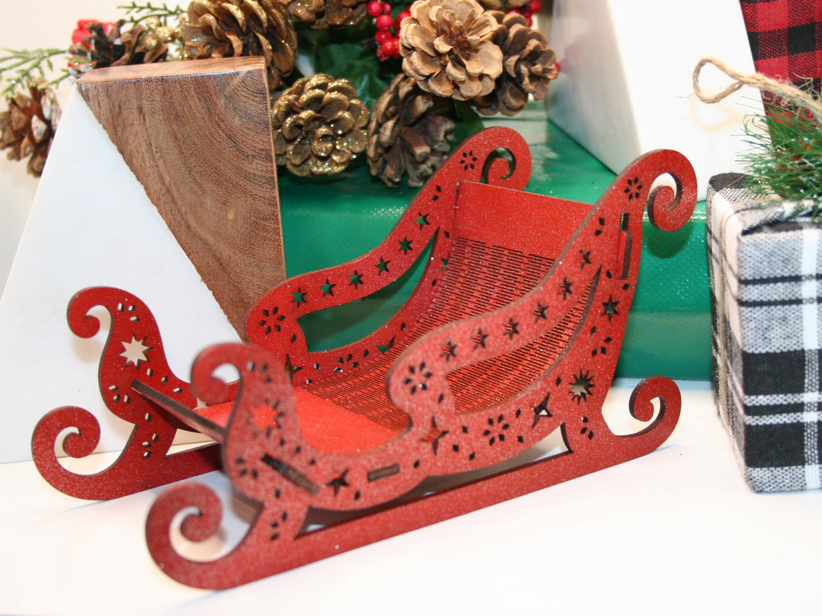 Santa sleigh Christmas ornament, brown wood, laser cut basswood Table Top or Mantle