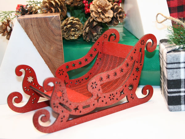 Santa sleigh Christmas ornament, brown wood, laser cut basswood Table Top or Mantle