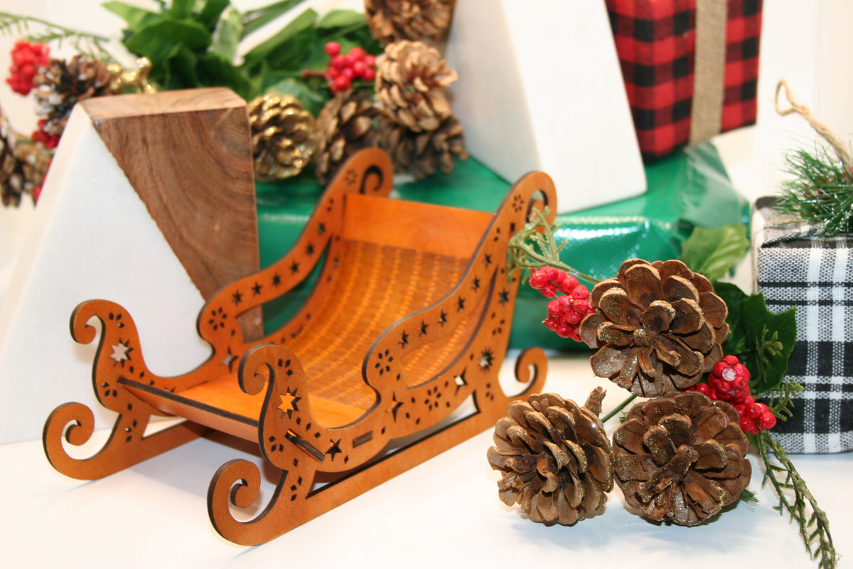 Santa sleigh Christmas ornament, brown wood, laser cut basswood Table Top or Mantle