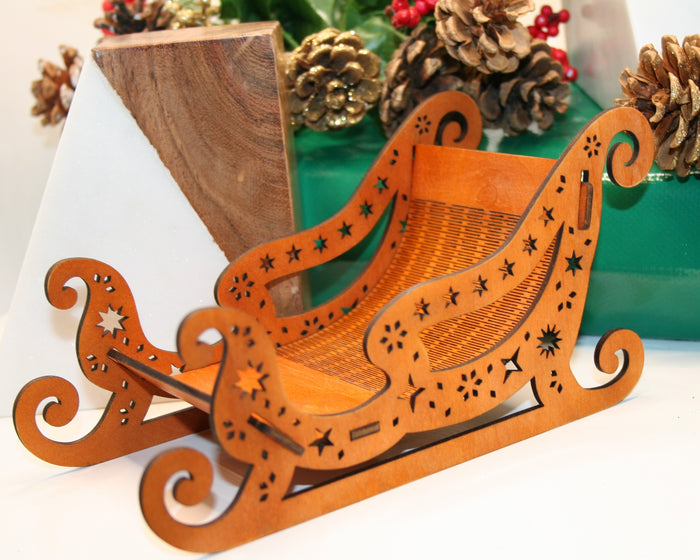 Santa sleigh Christmas ornament, brown wood, laser cut basswood Table Top or Mantle