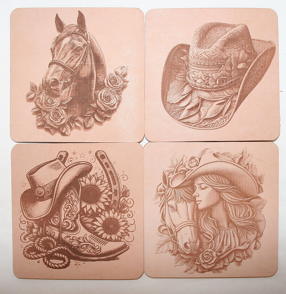 Leather Western rustic Coaster Set of 4 Laser Engraved