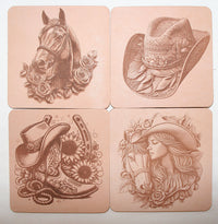 Leather Western rustic Coaster Set of 4 Laser Engraved