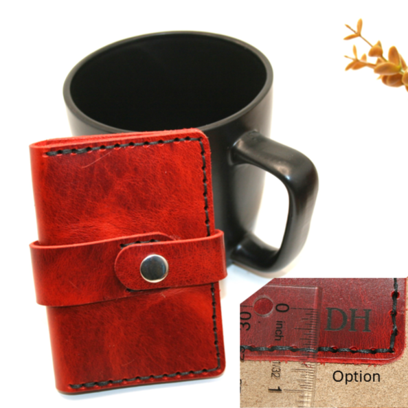Wallet Bifold Red leather, 2 pocket with snap closure, Personalize