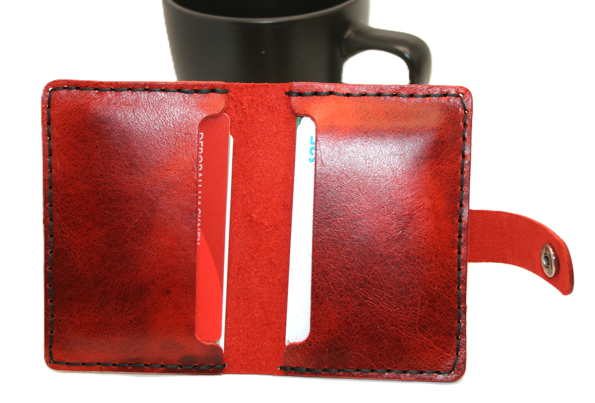 Wallet Bifold Red leather, 2 pocket with snap closure, Personalize