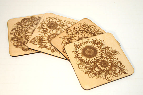 Sunflower Coaster Set 1 laser engraved on wood (set of 4 with holder)