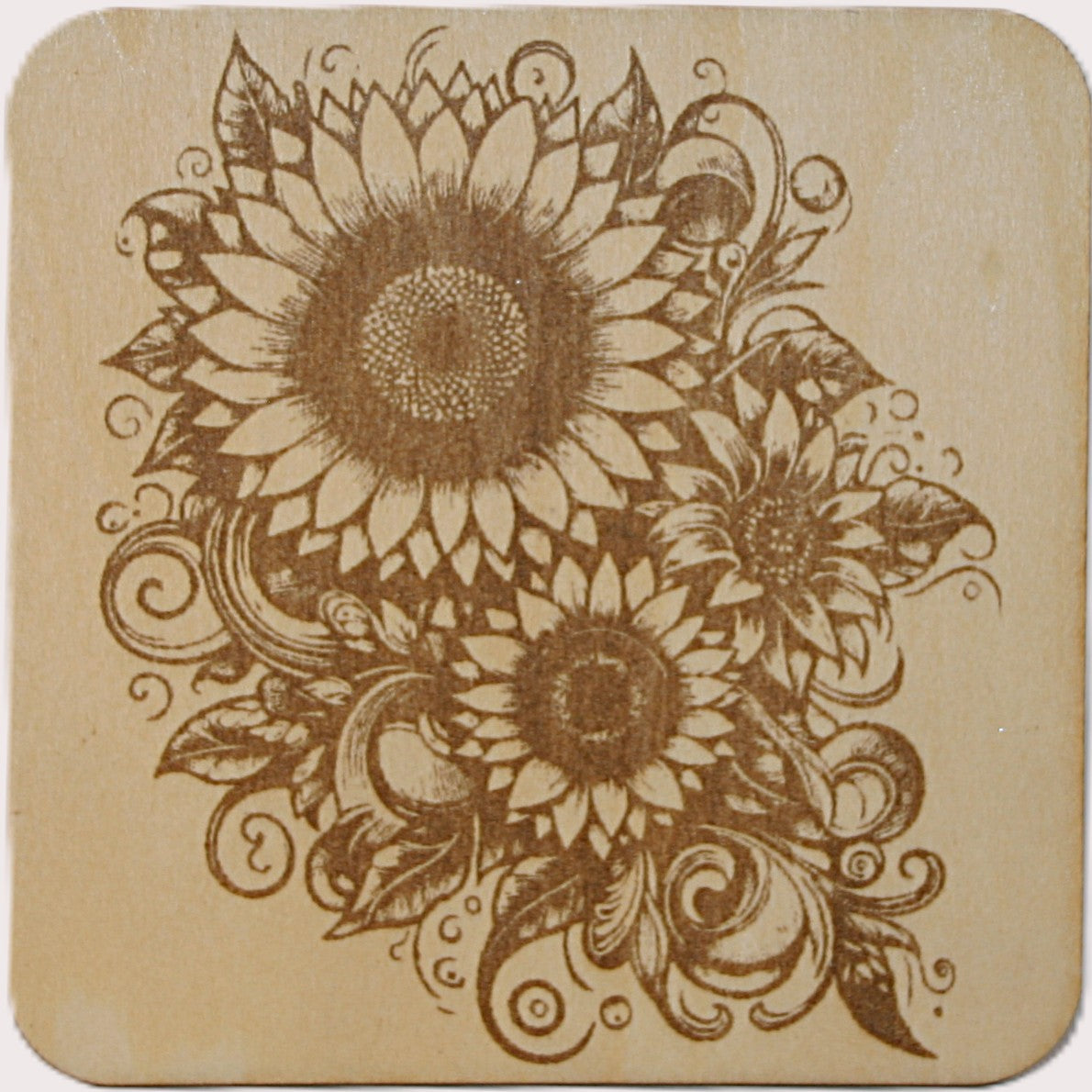 Sunflower Coaster Set 1 laser engraved on wood (set of 4 with holder)