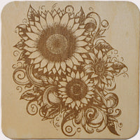 Sunflower Coaster Set 1 laser engraved on wood (set of 4 with holder)