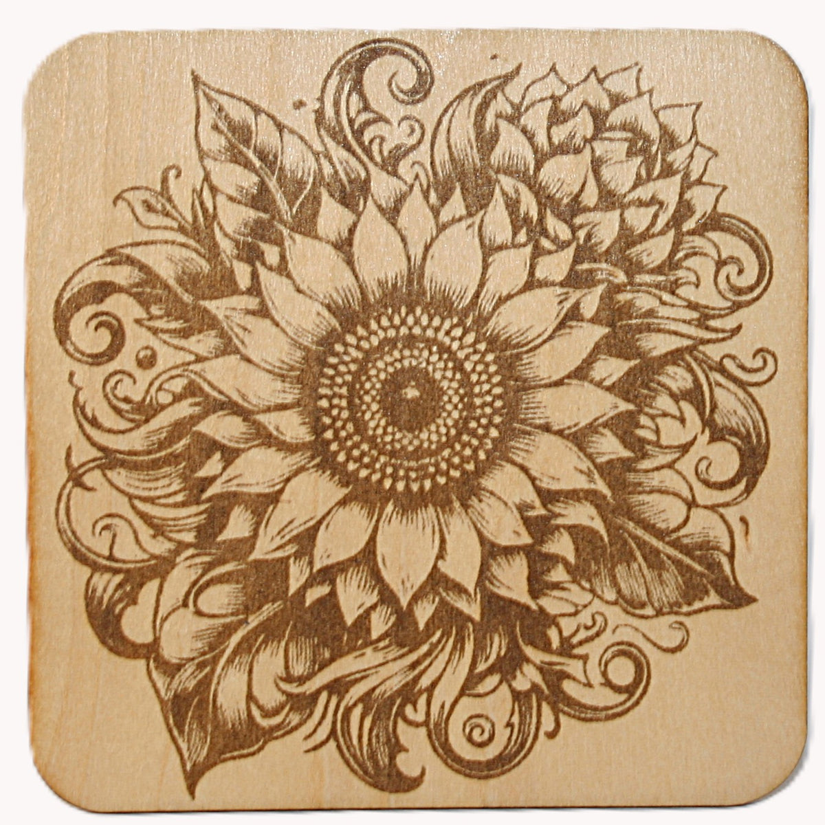 Sunflower Coaster Set 1 laser engraved on wood (set of 4 with holder)