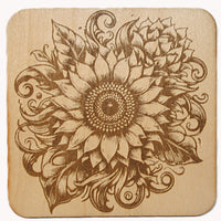 Sunflower Coaster Set 1 laser engraved on wood (set of 4 with holder)