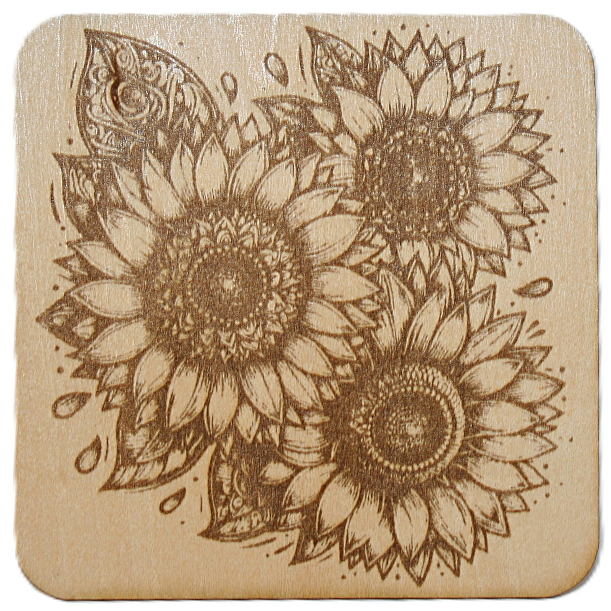 Sunflower Coaster Set 1 laser engraved on wood (set of 4 with holder)