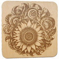 Sunflower Coaster Set 1 laser engraved on wood (set of 4 with holder)
