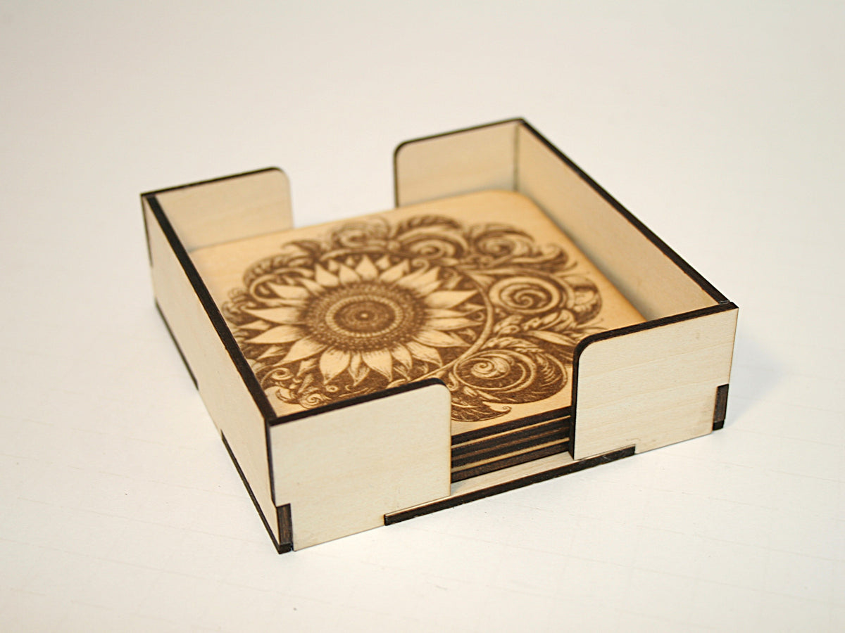 Sunflower Coaster Set 1 laser engraved on wood (set of 4 with holder)