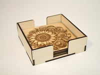 Sunflower Coaster Set 1 laser engraved on wood (set of 4 with holder)